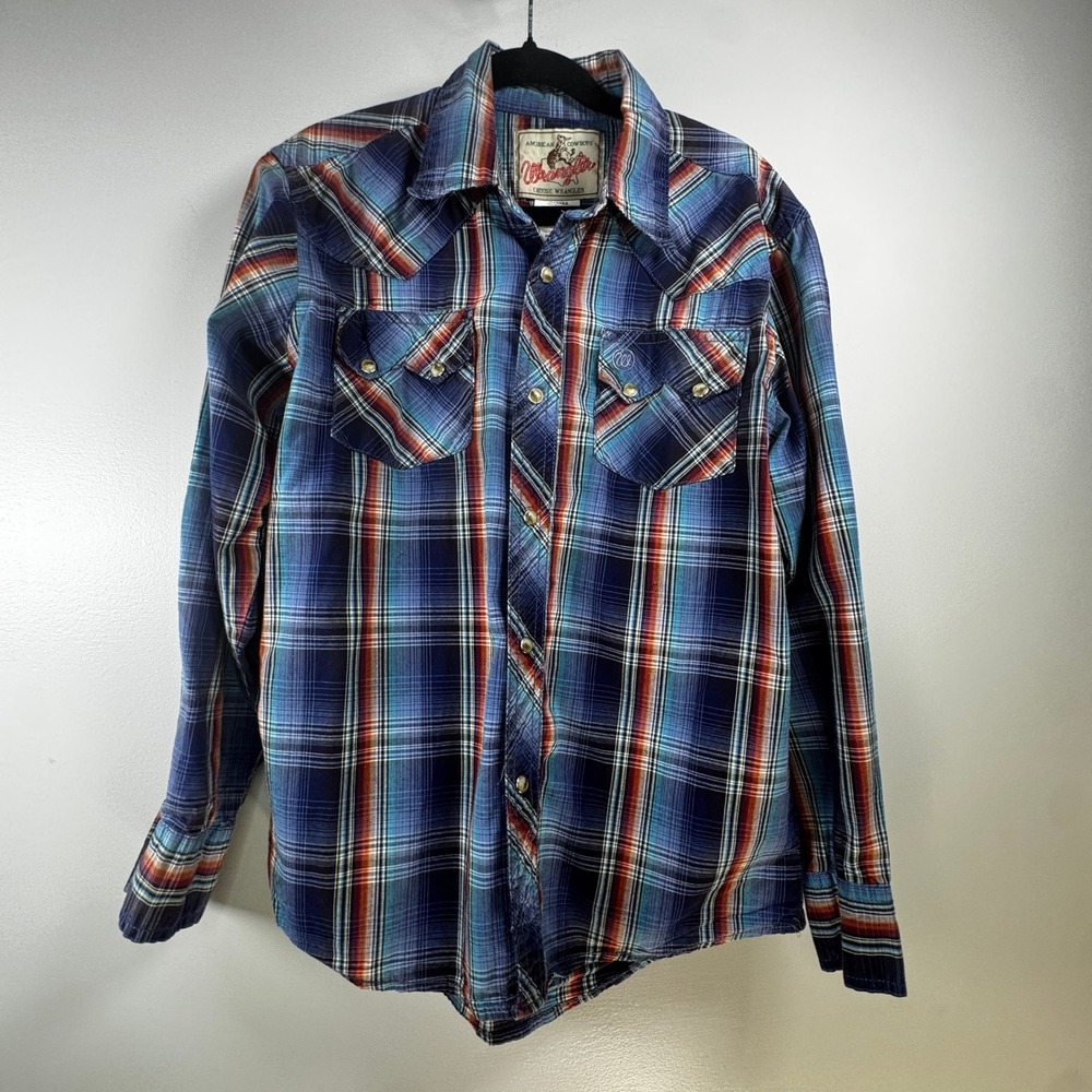 Wrangler Boys Western Pearl Snap Shirt Blue Orange Plaid Cowboy Rodeo L 10-12
